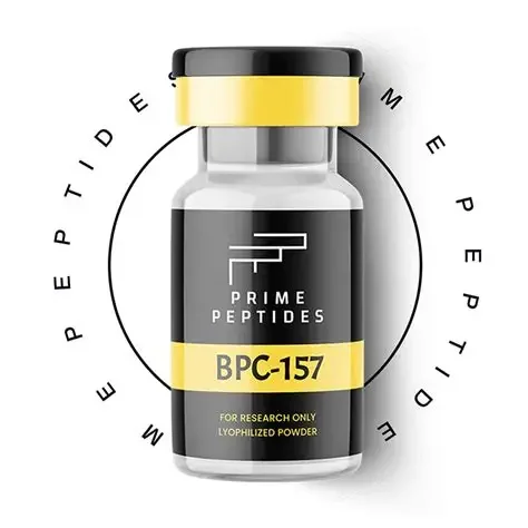 A small bottle labeled 'Prime Peptides BPC-157 for research only lyophilized powder' with yellow and black label, surrounded by the repeated word 'PEPTIDE' in a circular pattern.