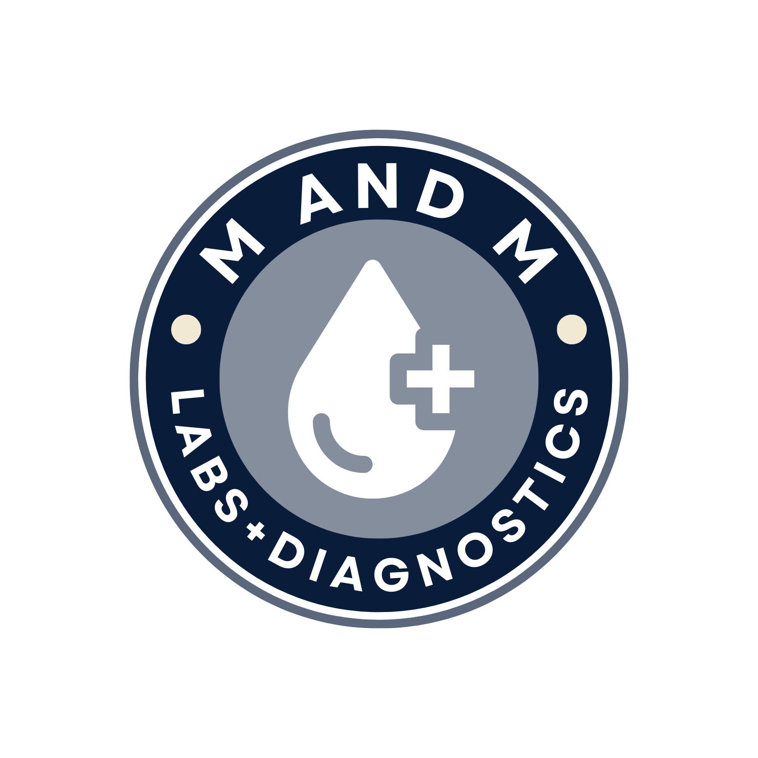 Medical badge with a medical drop and a cross, surrounded by text saying 'Lab Testing, Lab Services, Diagnostics, and M and A'.