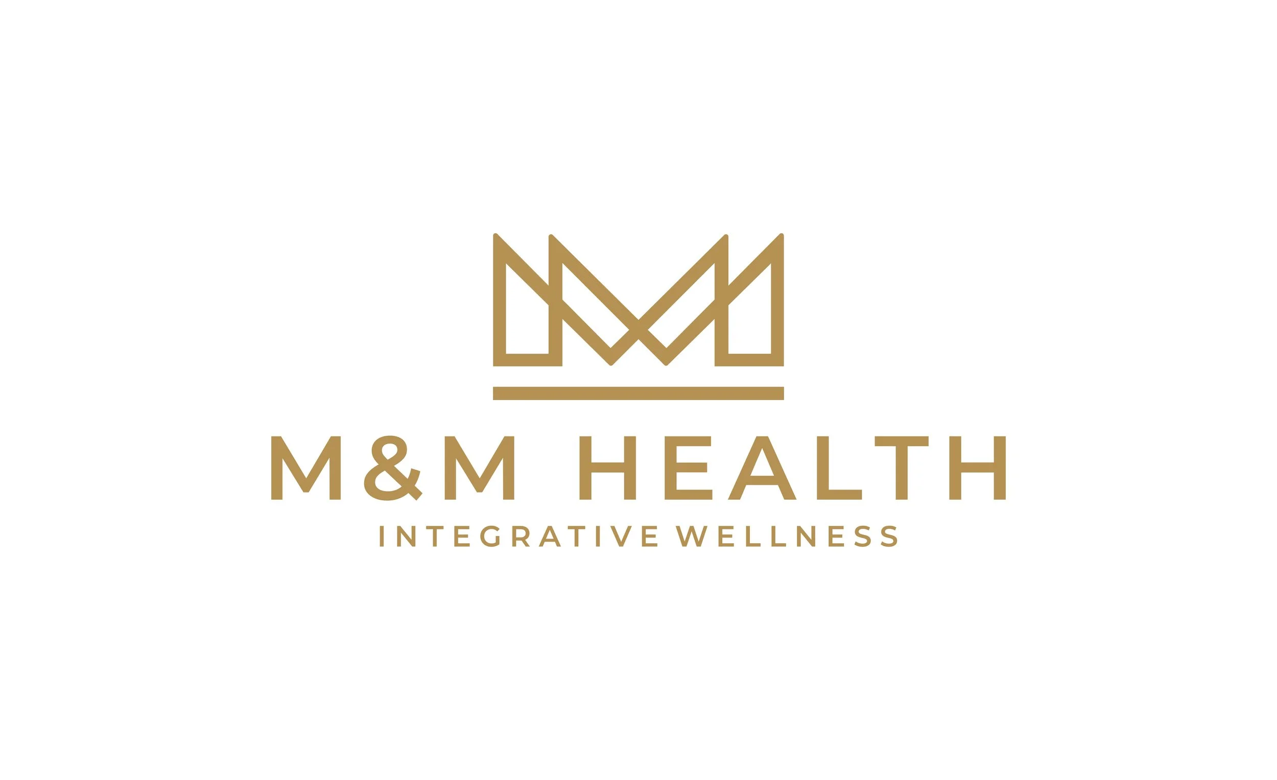 Logo of M&M Health Integrative Wellness, featuring a stylized crown above the company name in gold color.