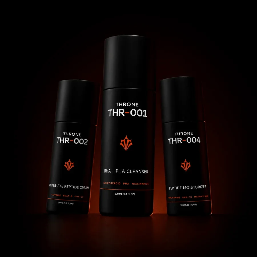 Three black skincare bottles from Thorne, labeled as Under-Eye Peptide Cream, BHA + PHA Cleanser, and Peptide Moisturizer, with red and white text and a red logo on a dark background.