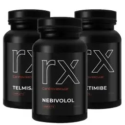 Three black bottles of dietary supplements with labels reading 'rx', 'Cardiovascular', and 'Nebivolol'.
