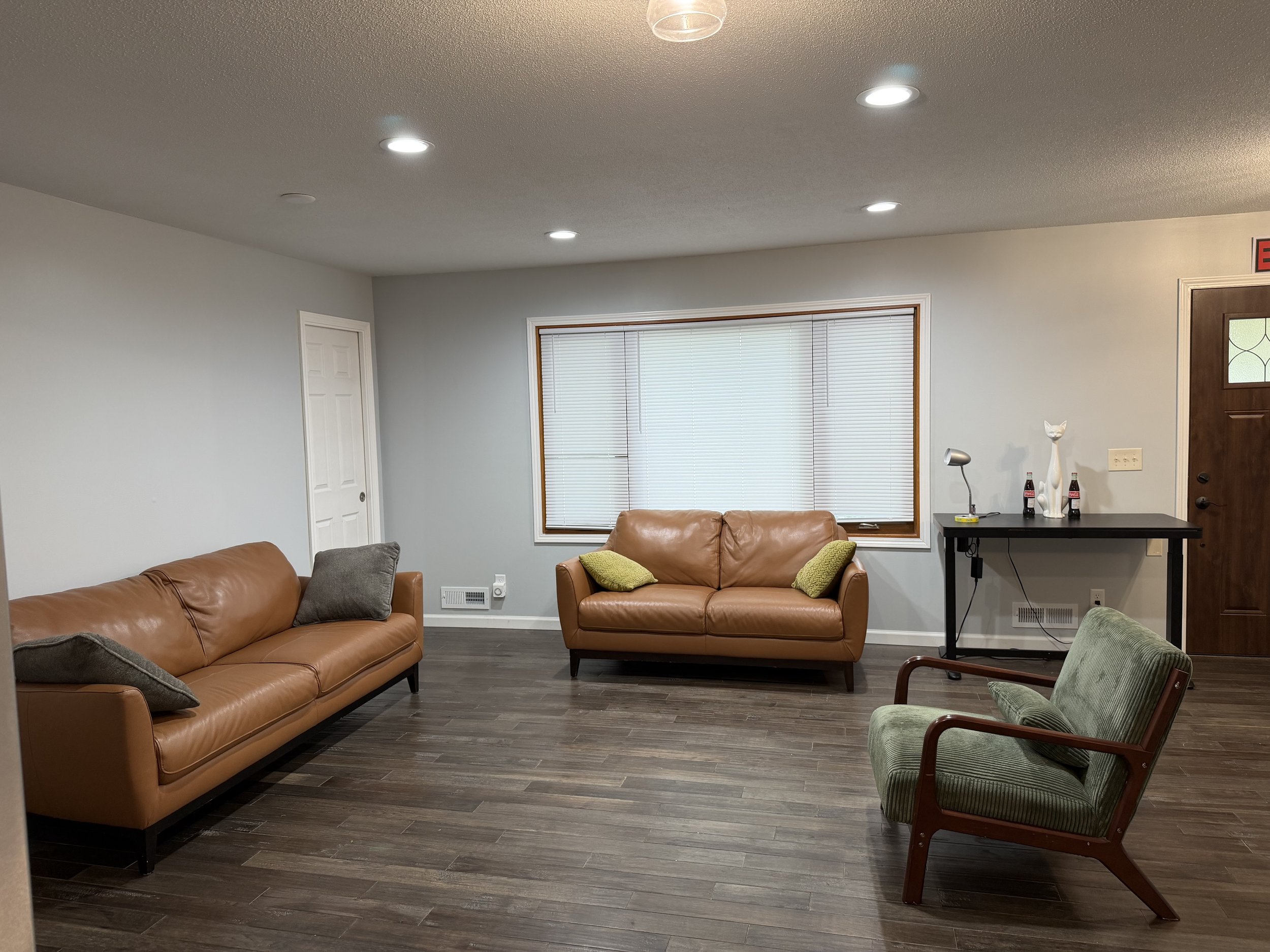 Living room with two tan leather sofas, a green armchair, a window with blinds, a small black table with decorative items, a wooden door, and ceiling lights.