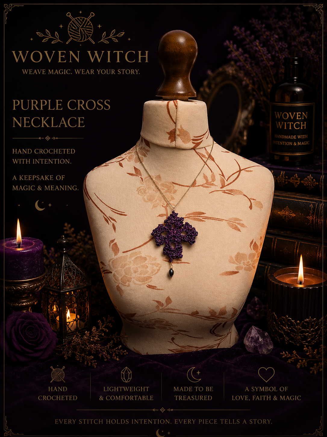 A purple cross necklace displayed on a mannequin bust, surrounded by candles, purple flowers, and decorative items, with text promoting a handmade, intentioned, magical jewelry piece.