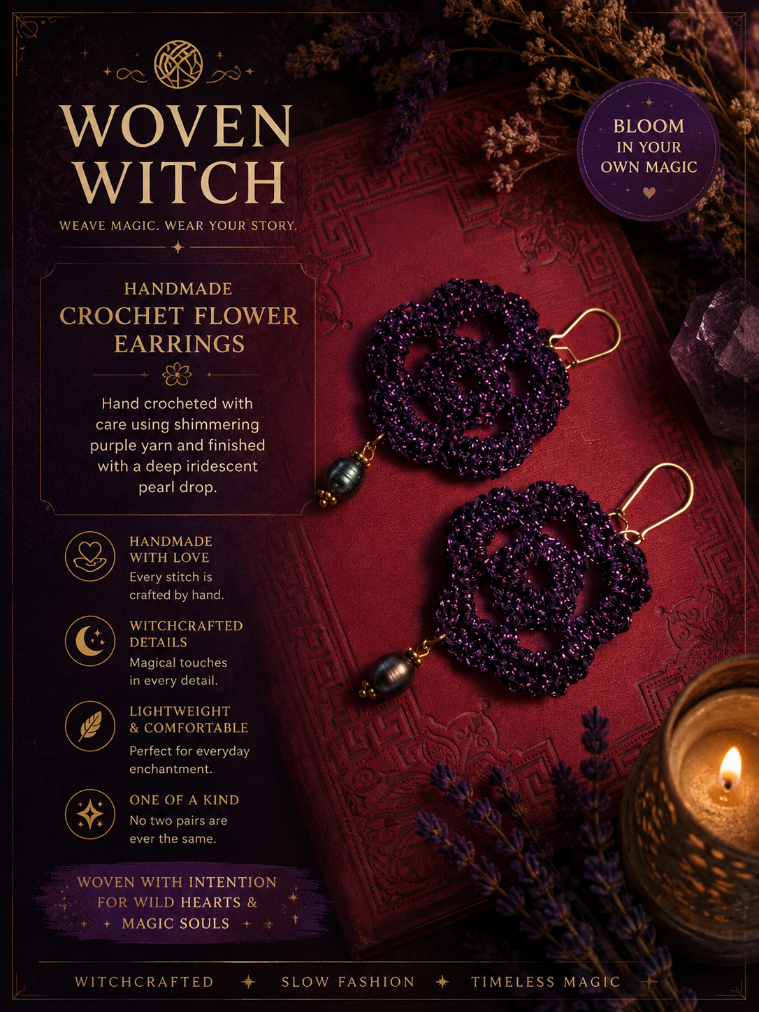 A pair of handmade crochet flower earrings with purple yarn and iridescent pearl drop, displayed on a dark red background with purple flowers and a lit candle.