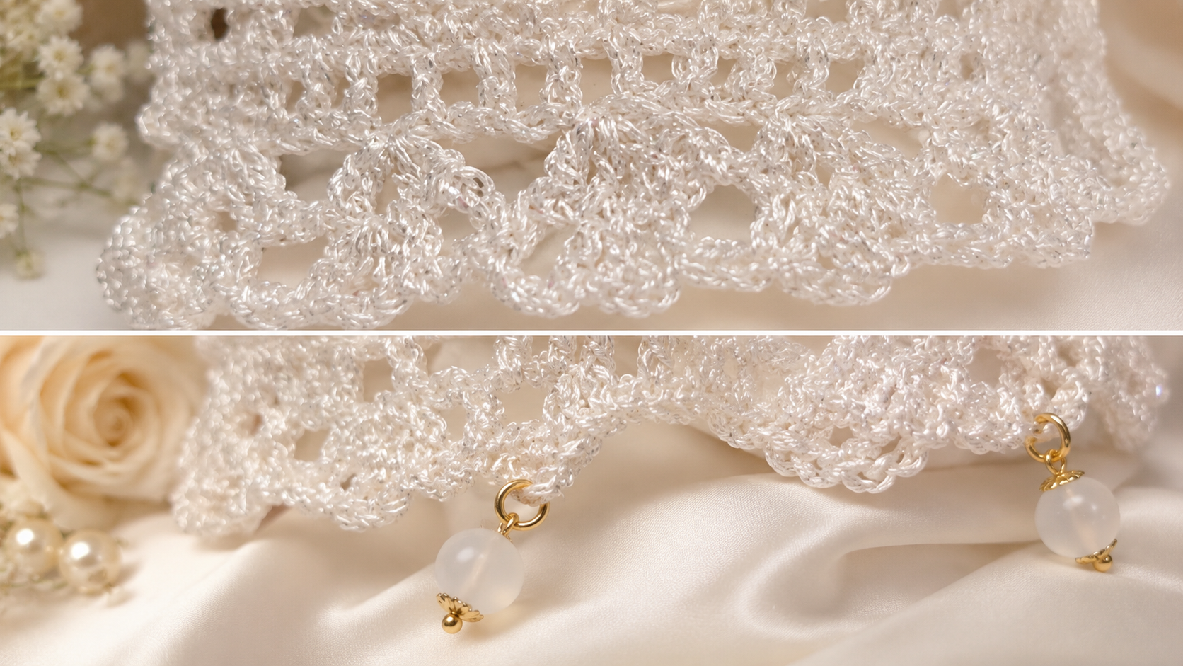 A close-up of a white crocheted lace fabric with opal.