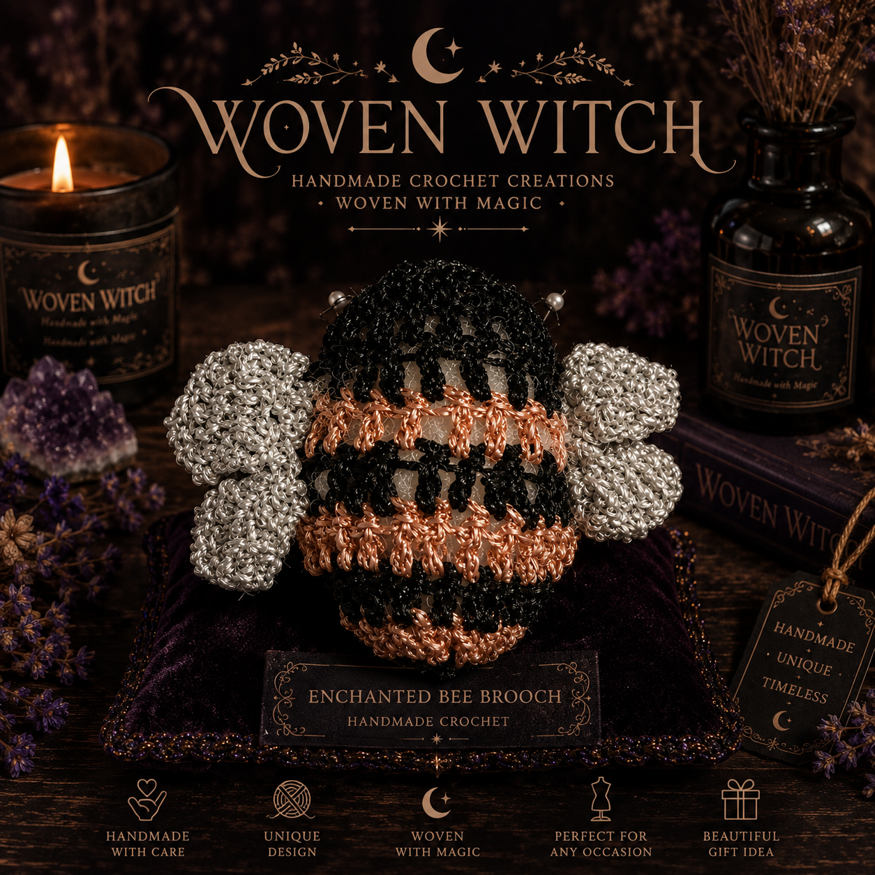 A handmade crochet Enchanted Bee Brooch with black, copper, and silver yarns, displayed on purple velvet fabric. Surrounding elements include candles, dried flowers, a purple geode, and Woven Witch branding, emphasizing a mystical and handcrafted the