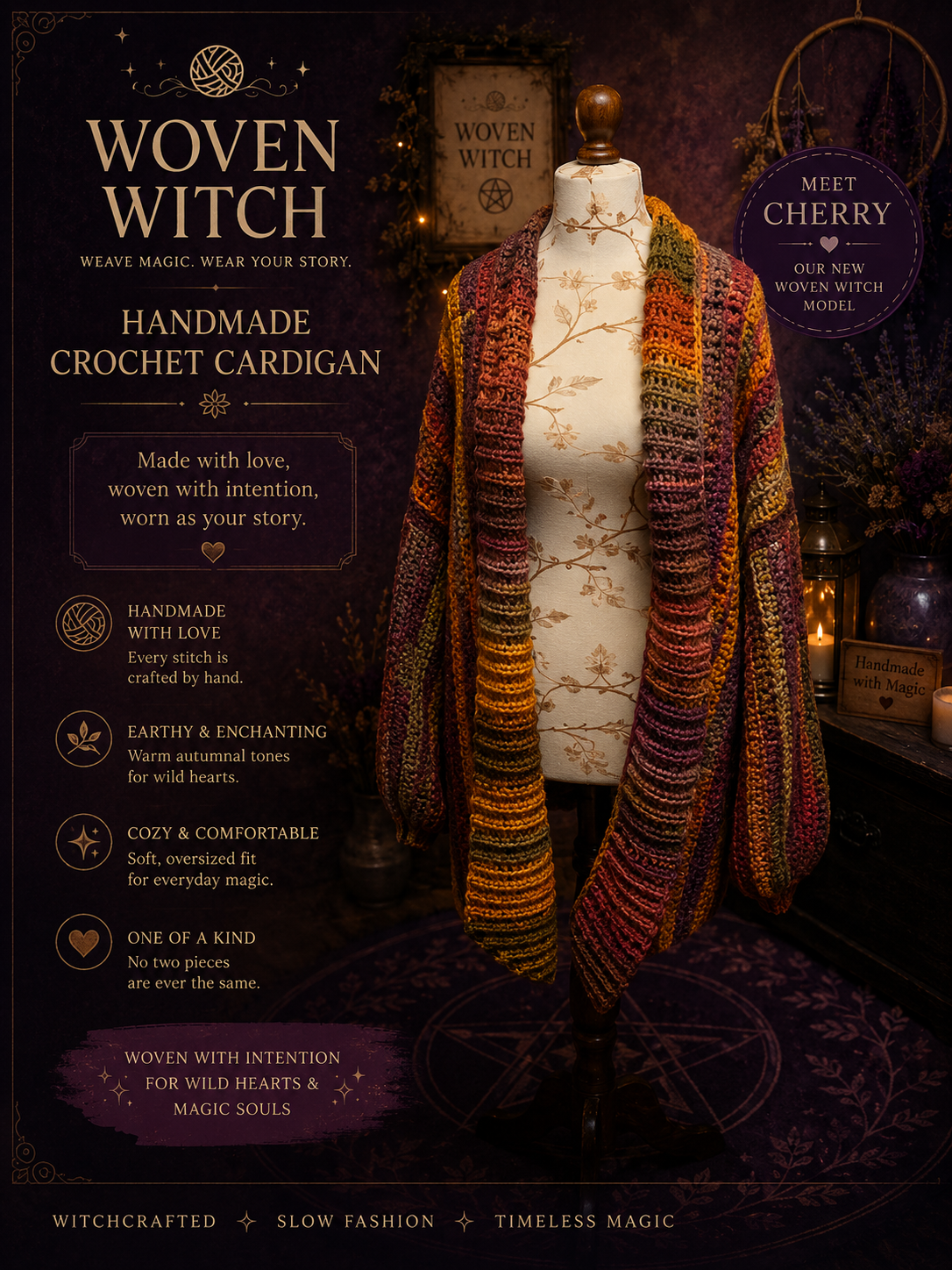 Display of a handmade crochet cardigan on a mannequin, with detailed text about the product, set against a dark, mystical background with candles and dried flowers.