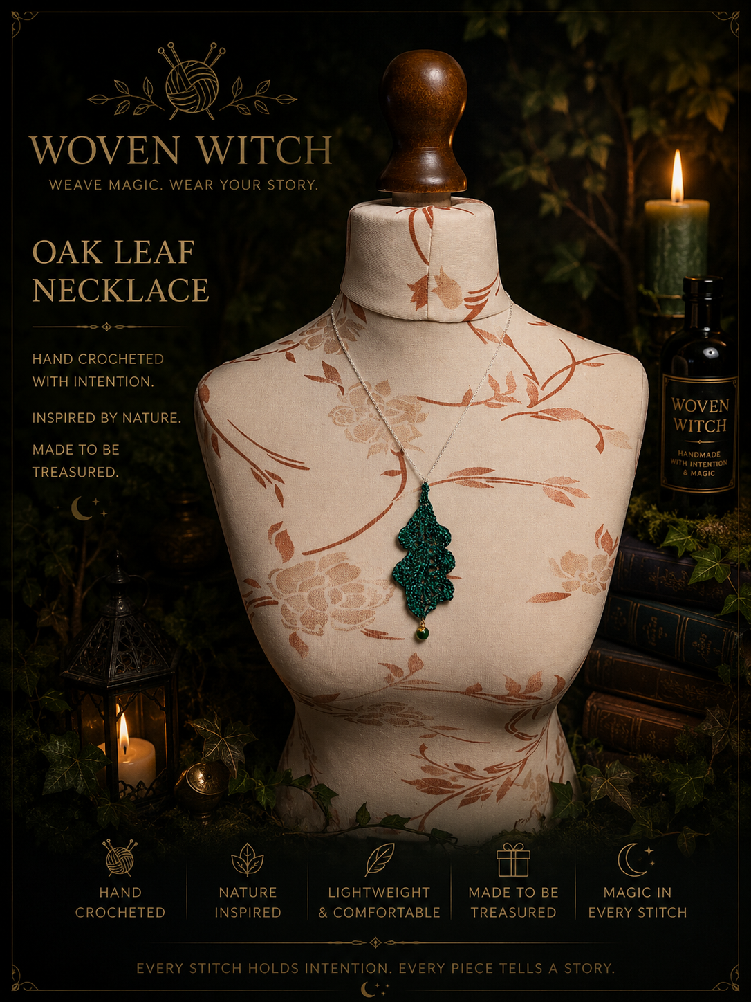 A beige dress form with a floral pattern, adorned with a green oak leaf necklace, surrounded by candles, greenery, and stacked books in a dark, cozy setting.
