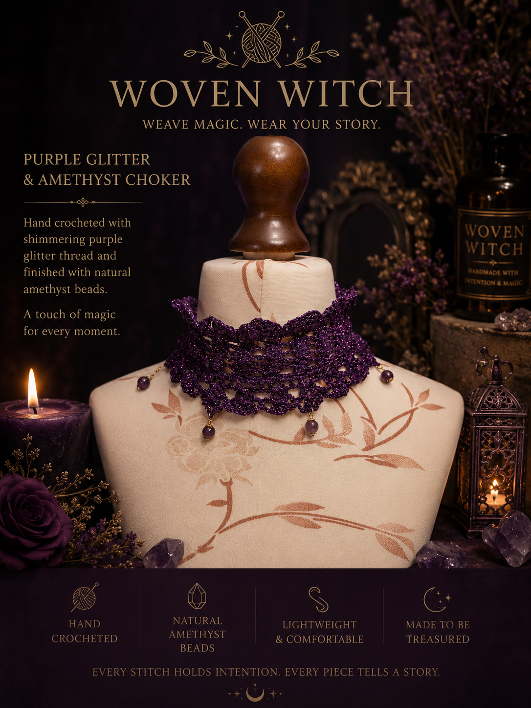 Display of purple glitter and amethyst choker necklace on a jewelry stand with decorative candles, flowers, and bottles in the background, promoting handcrafted magic jewelry.