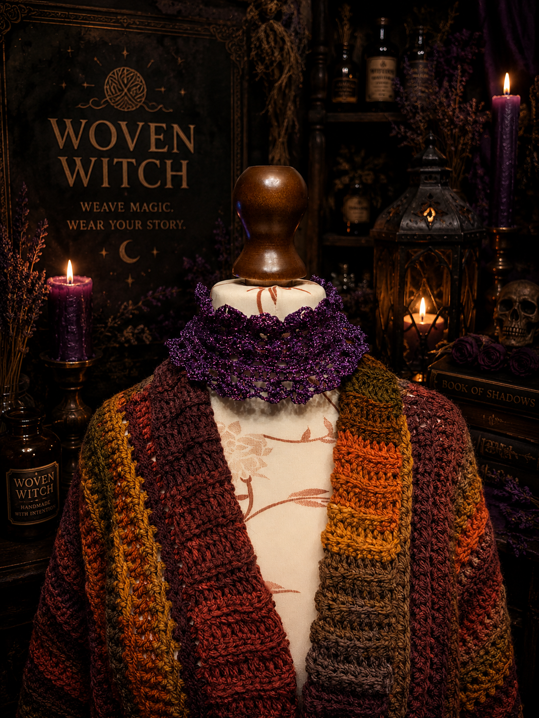 A display of witchcraft and crochet items. A mannequin with a crochet scarf, a wooden top, and a crocheted shawl. The background features candles, bottles labeled "Woven Witch," a skull, purple flowers, and a sign reading "Woven Witch" with the sloga