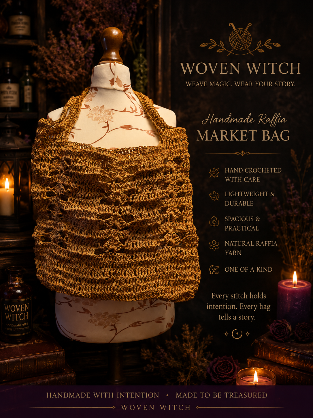 Display of a handcrafted raffia market bag on a mannequin, with a dark background and decorative candles, alongside informational text about the bag's features such as hand-crocheted care, lightweight and durable, spacious, made from natural raffia y