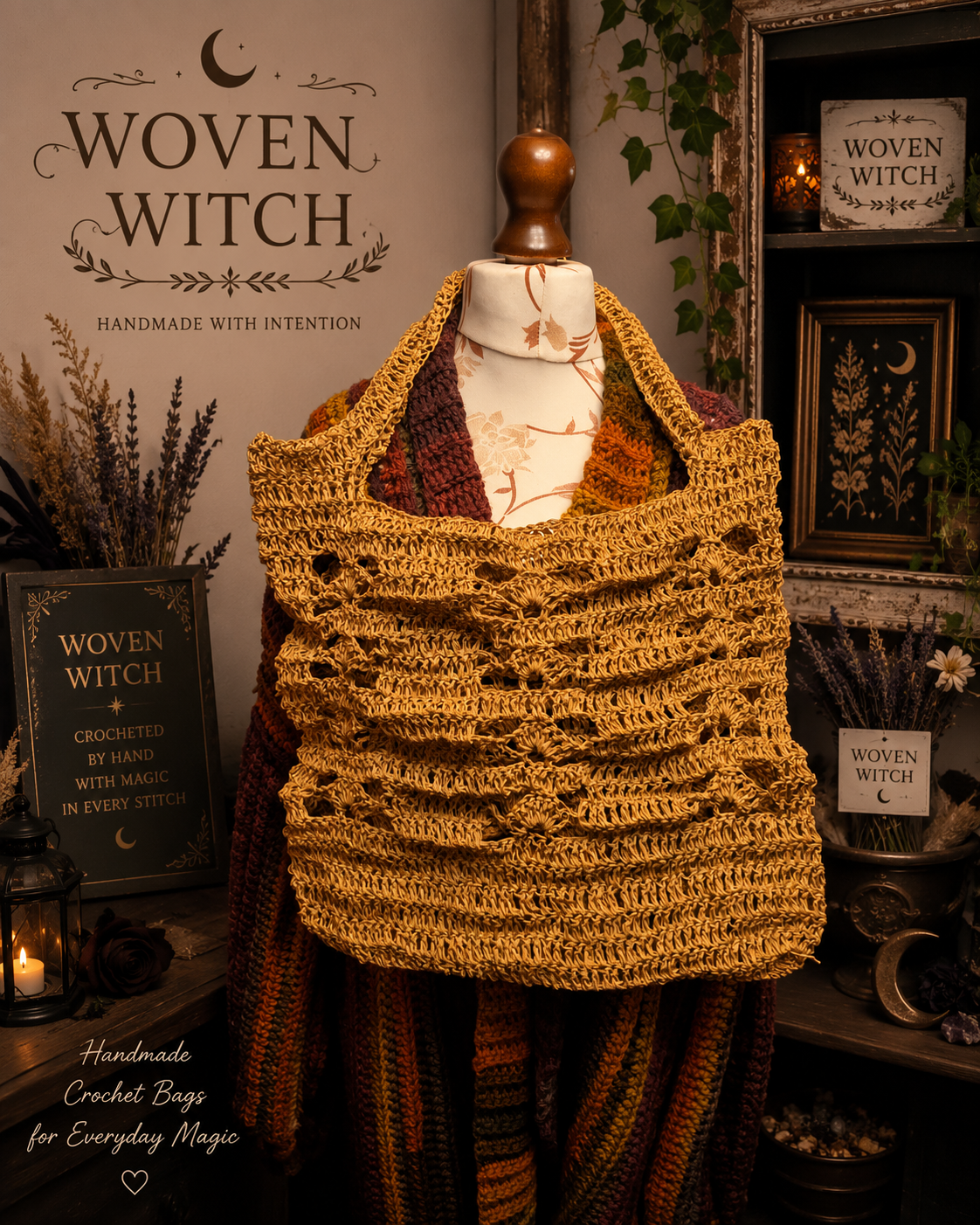 Display of handmade crochet bags called 'Woven Witch', showcasing a large yellow crochet bag in the center on a mannequin, with signs and decorative elements like dried flowers, candles, and framed witch-themed art in the background.