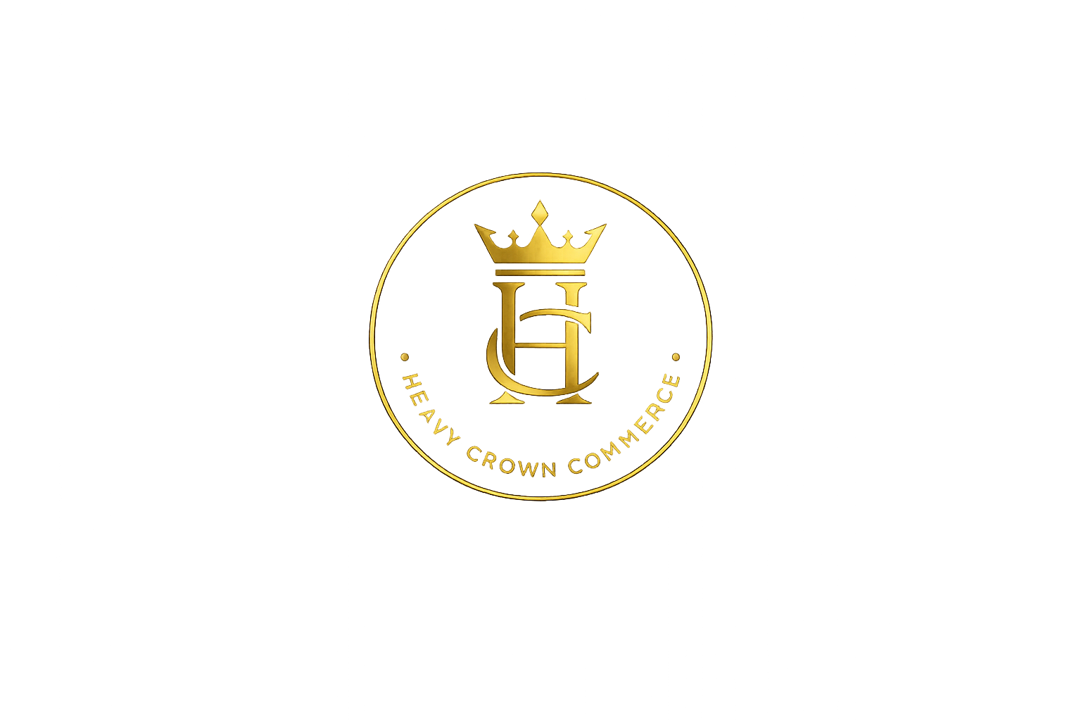 A gold coin with a crown and shield emblem, inscribed with 'HEAVY CROWN COMMERCE', positioned against a dark, abstract background with blue and black streaks.