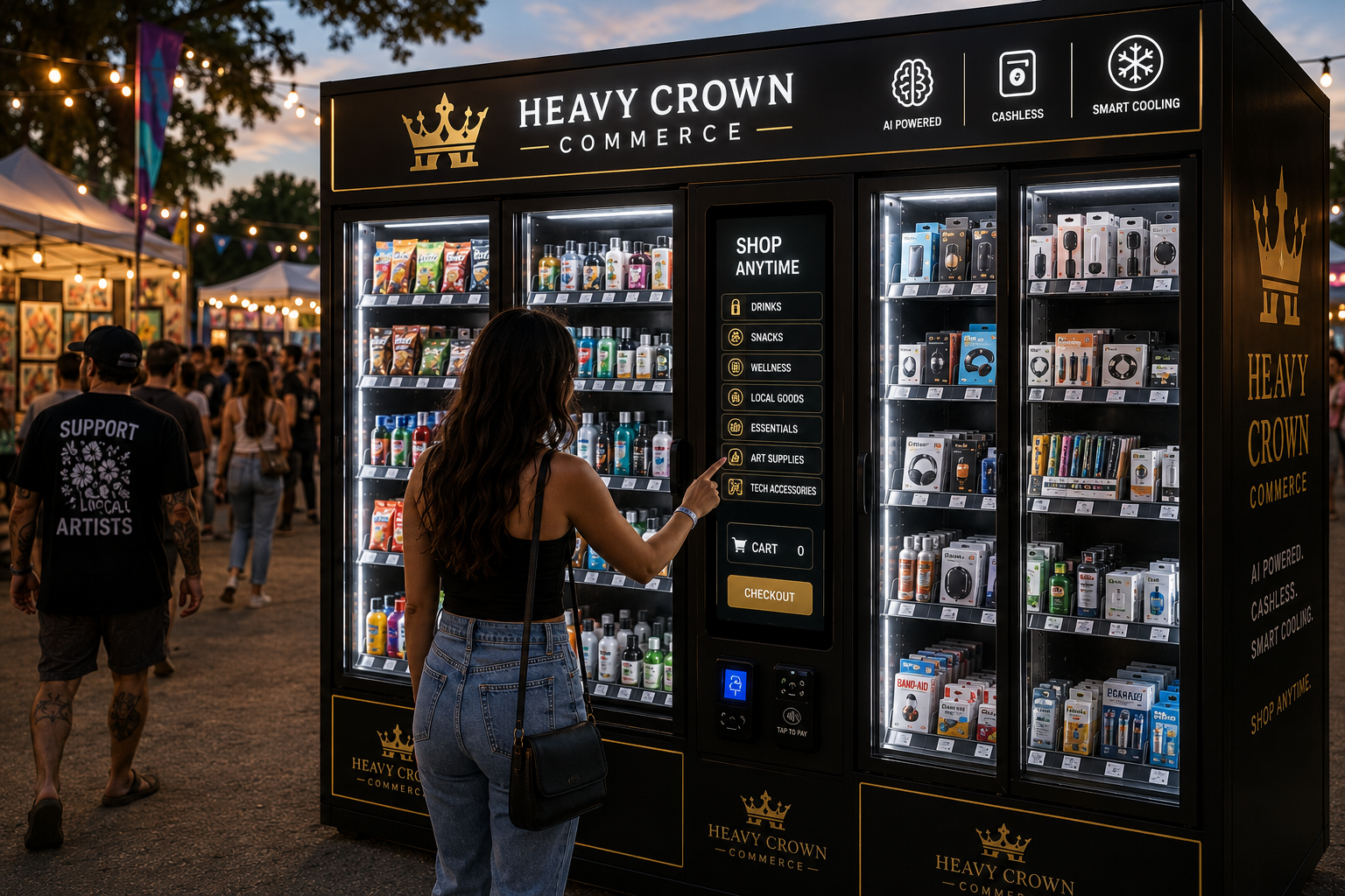 Woman using a vending machine at an outdoor event during sunset