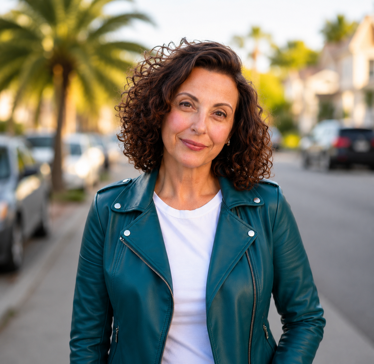 A woman with curly brown hair wearing a teal leather jacket standing on a sunny street with palm trees and parked cars in the background.