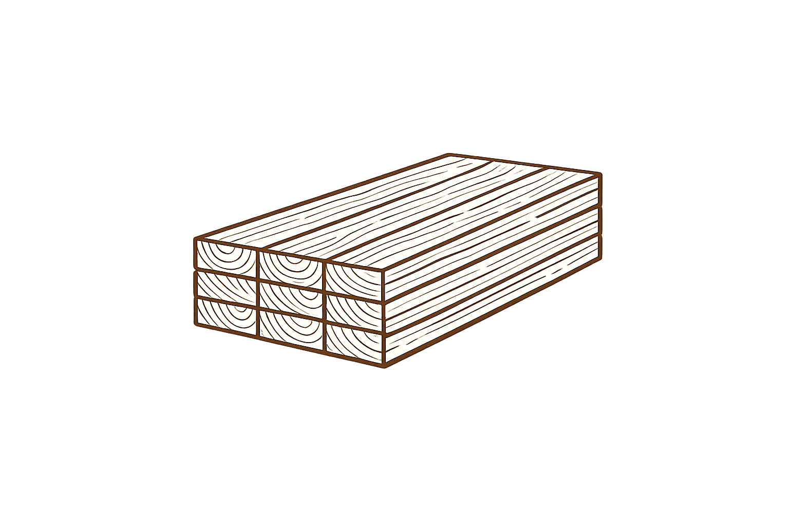 Line drawing of a rectangular stack of white wooden planks with brown outlines, shown from an angled perspective.