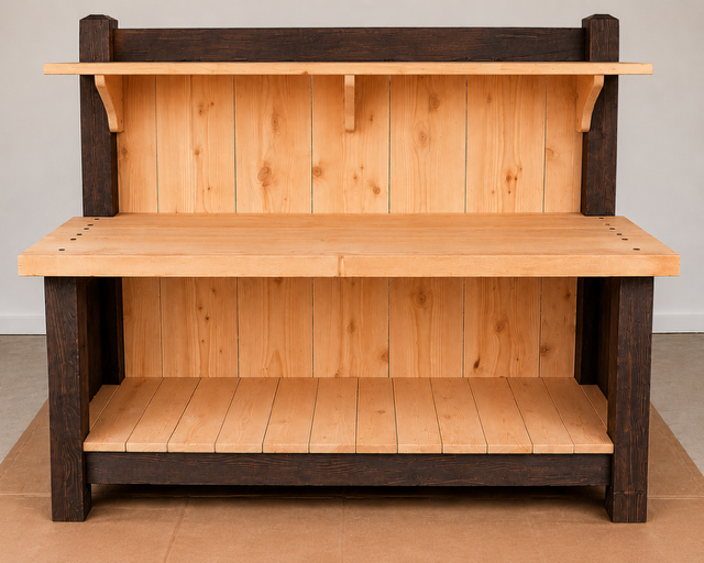 Wooden workbench with storage shelves and a light wood surface, against a plain gray wall.