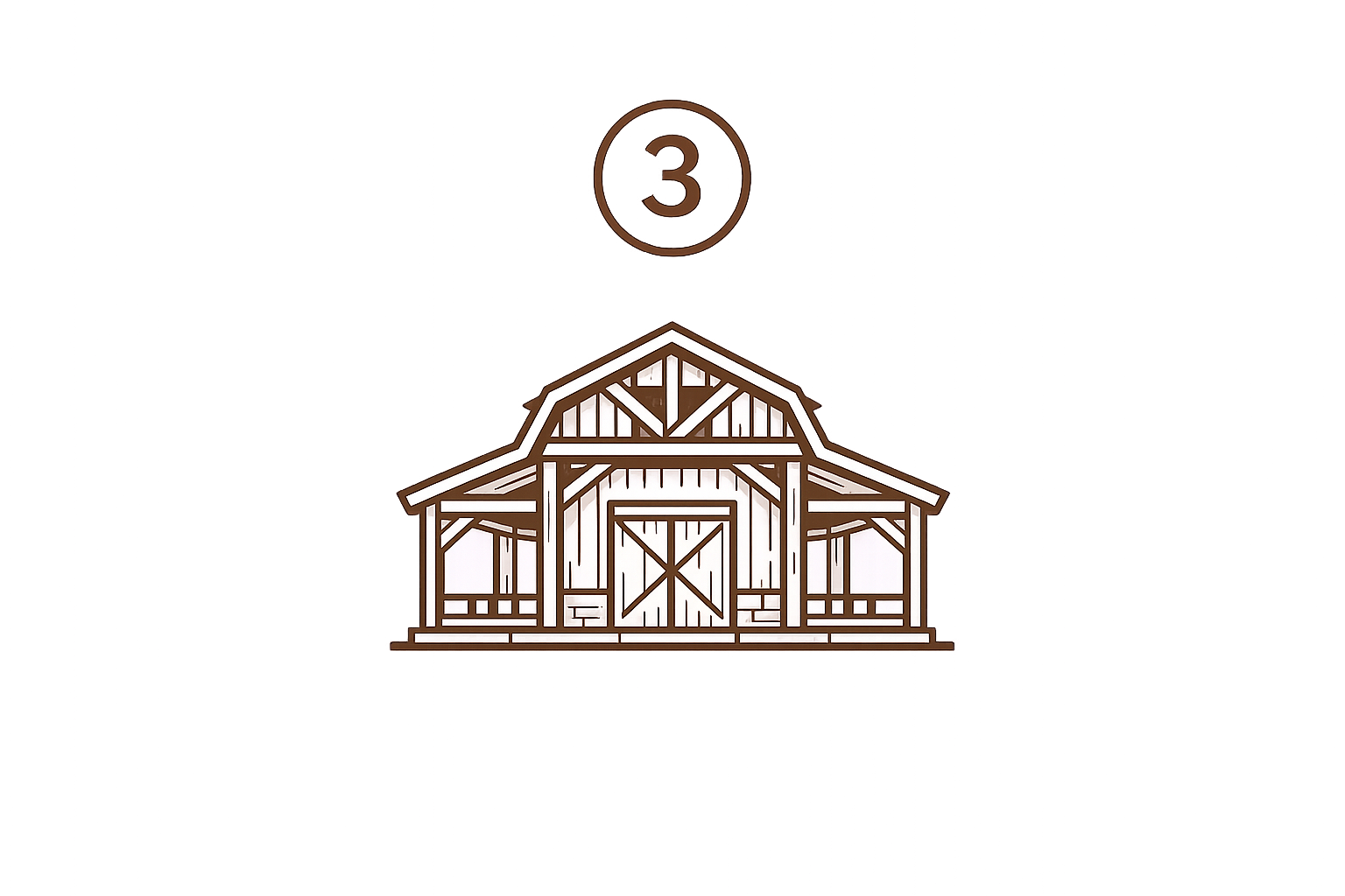 Illustration of a barn with a large door in the center and a gabled roof