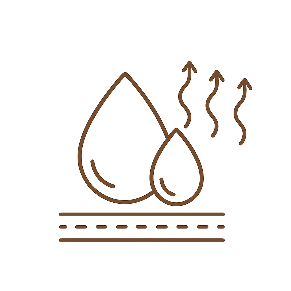 Outline drawing of two water droplets and heat waves, indicating hot water or steam.