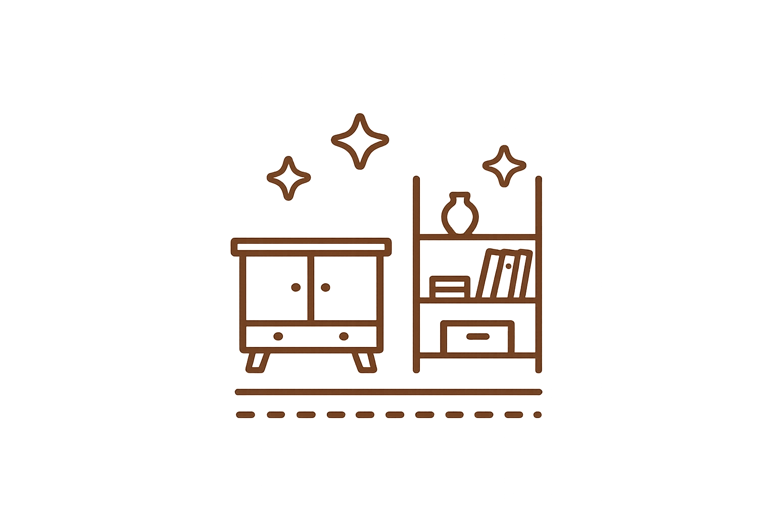 Illustration of a wooden shelf with a vase, books, and decorative stars on a wall.