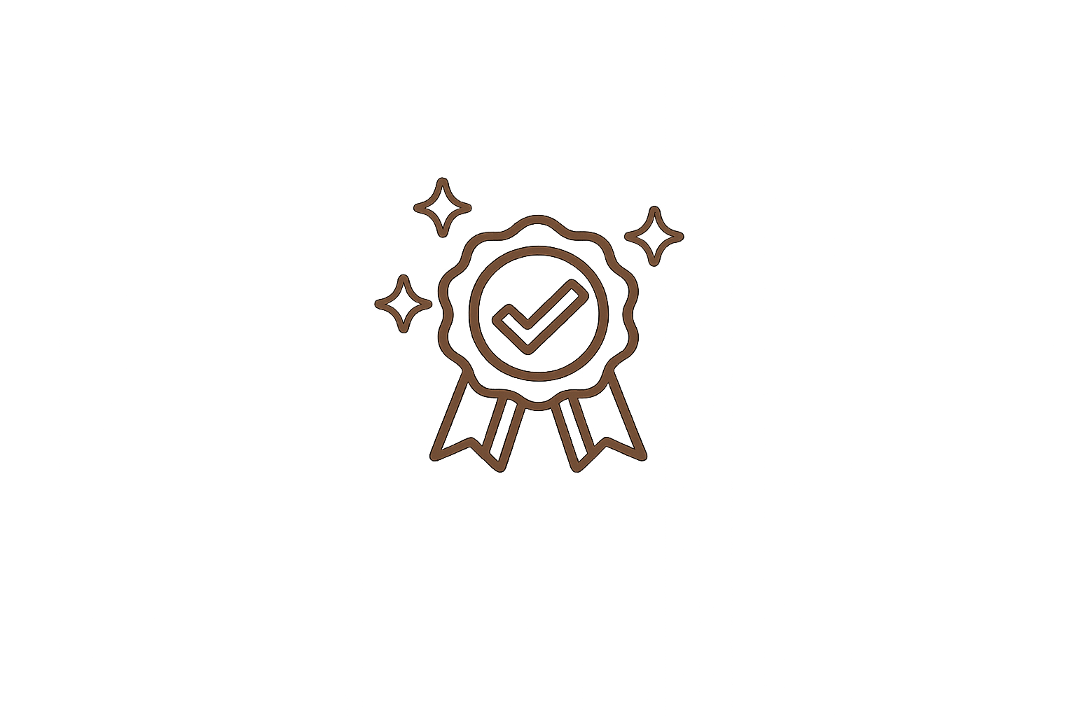 A badge or medal with a checkmark inside a circle, surrounded by a scalloped border and two ribbons hanging from the bottom. Small stars or sparkles around the badge.