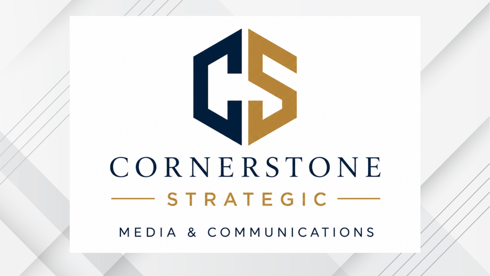 Logo of Cornerstone Strategic Media & Communications, featuring a geometric design with the initials CS in dark blue and gold, and text below reading 'Cornerstone Strategic Media & Communications'.