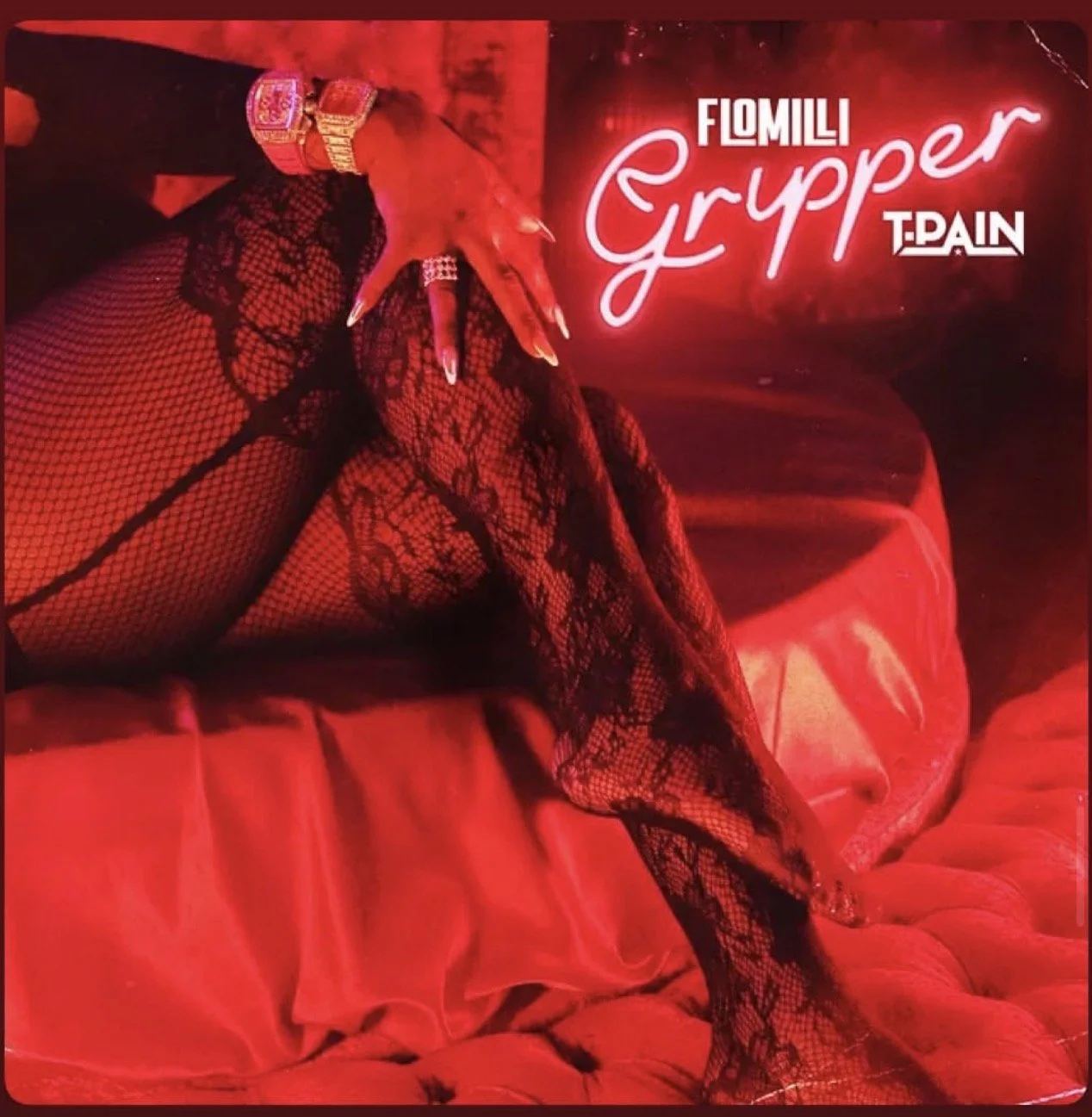 A person wearing black lace fishnet stockings and a dress with fishnet pattern, sitting on a red velvet couch. Behind them is a neon sign that reads "FLOMLI Grapper T. PAIN" in bright red and white lights.