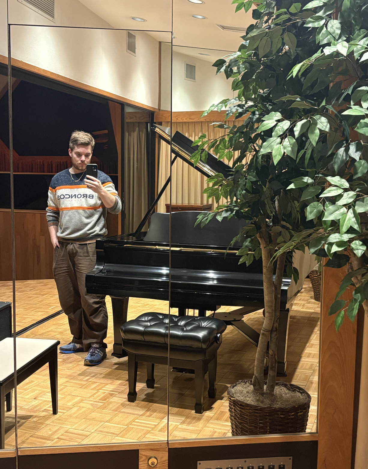 A man taking a mirror selfie in a music room, standing next to a black grand piano with a large potted plant nearby.