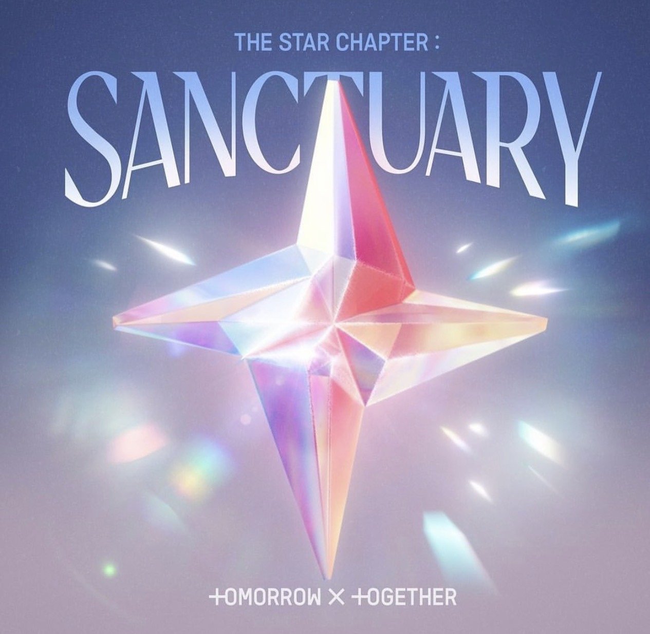 A promotional poster for 'The Star Chapter: Sanctuary,' featuring a colorful, glowing star-shaped geometric design with the text 'TOMORROW X TOGETHER' at the bottom.