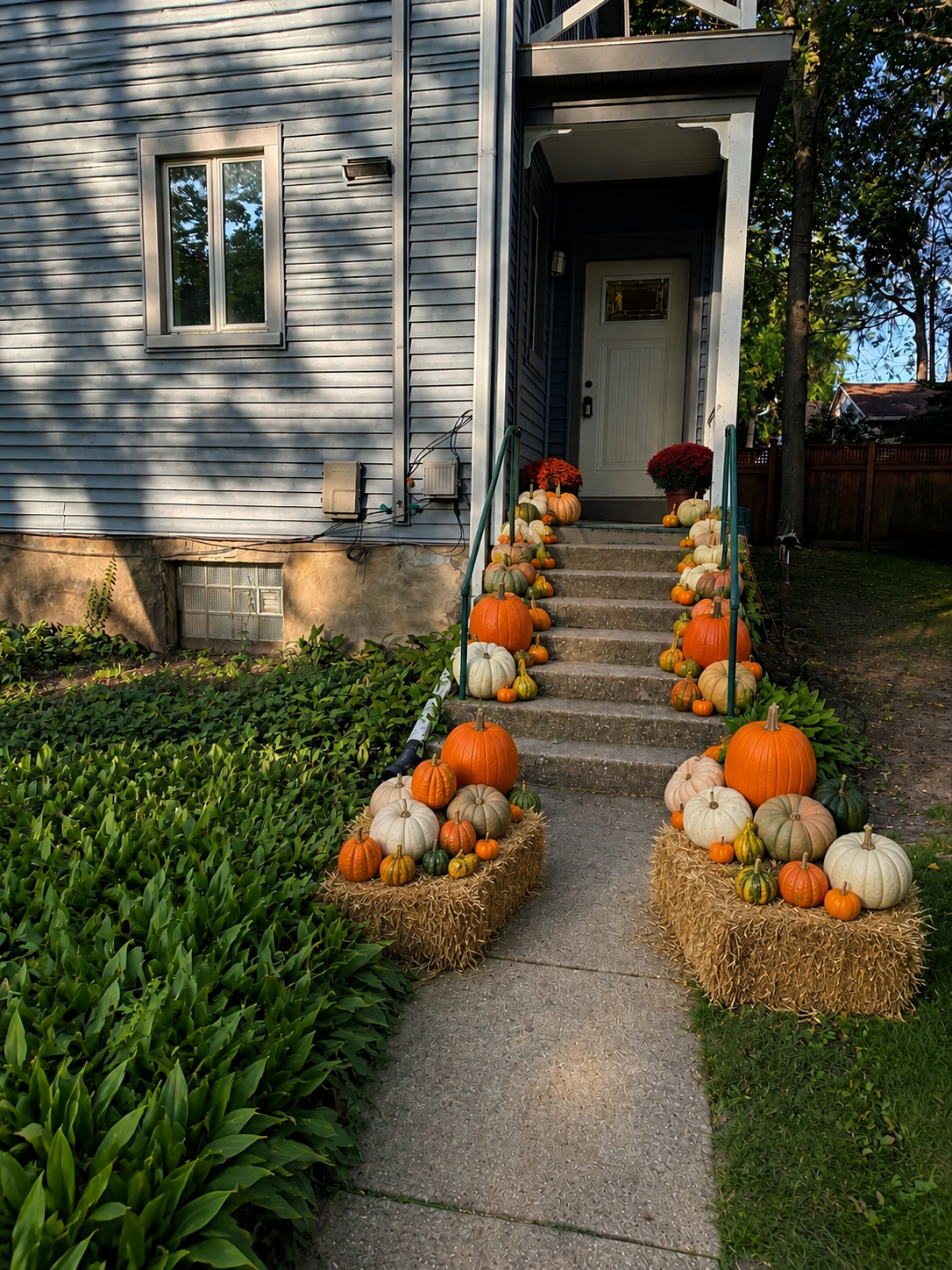 Front porch of a house decorated with pumpkins and gourds in autumn colors, with hay bales at the base of the stairs, and two potted red chrysanthemums on the top of the stairs.