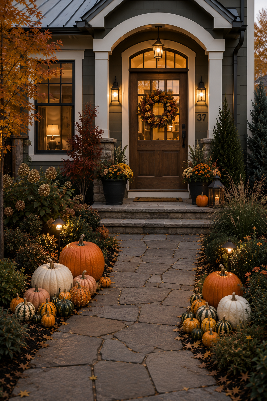 A cozy autumn porch decorated with pumpkins, gourds, potted flowers, and lanterns, leading to a front door with a fall wreath and warm lighting inside.