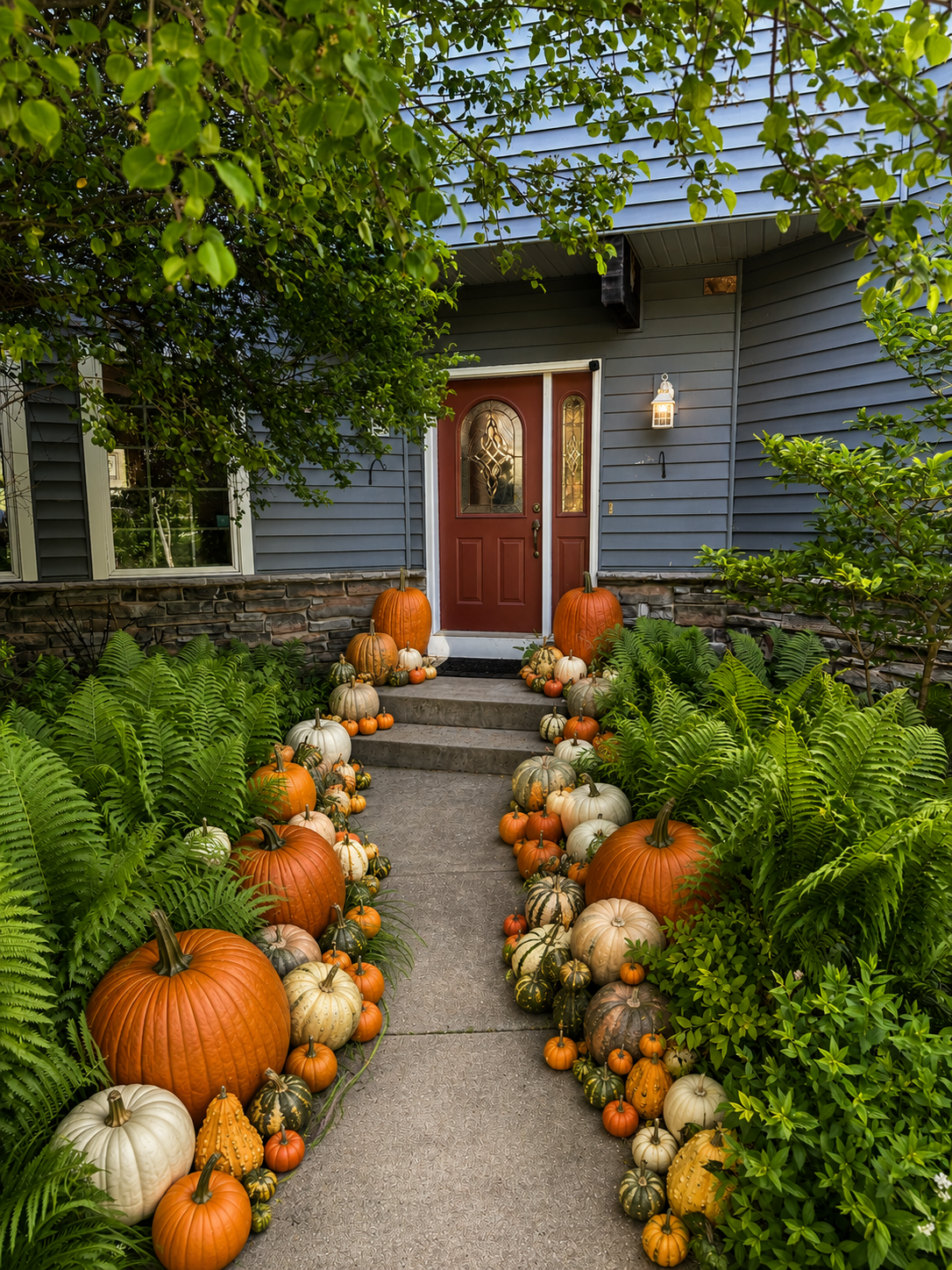 A front porch decorated with a variety of pumpkins and gourds lining the walkway leading to a red door, surrounded by green plants and trees.