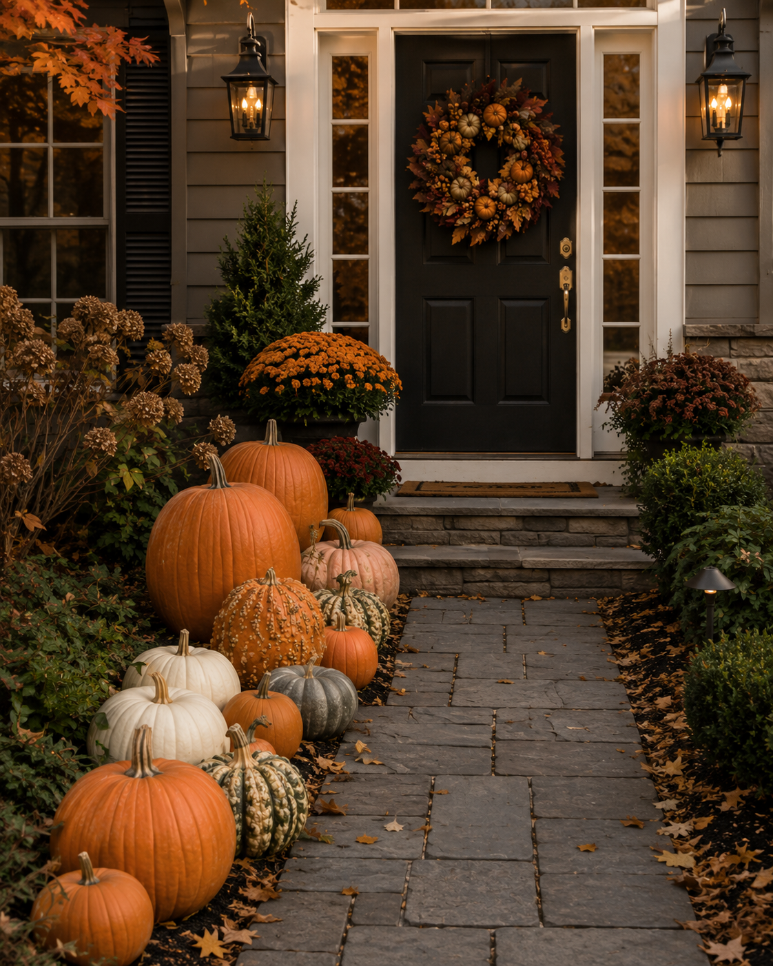 A decorated fall-themed front porch with a black door adorned with a pumpkin and leaf wreath, surrounded by autumn plants and pumpkins of various sizes, colors, and textures along the stone pathway leading to the steps.