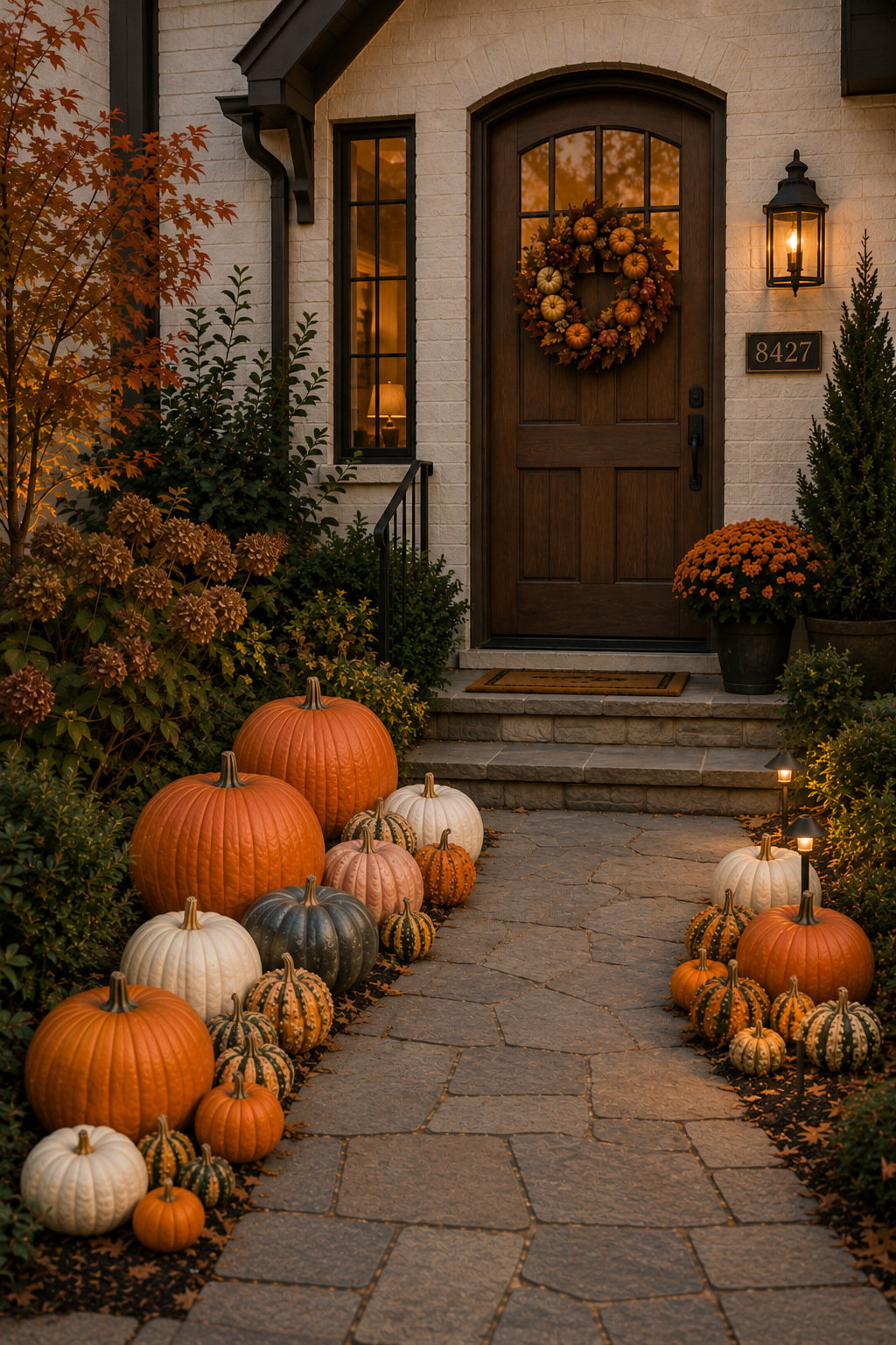 A fall-themed front porch with a wooden door, wreath, pumpkins of various sizes, and a potted plant, illuminated by warm outdoor lighting.