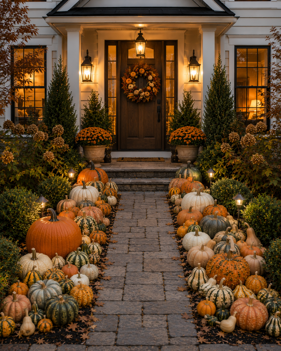 Decorative autumn pumpkins and gourds lining a stone pathway leading to a porch with potted plants, warm lighting, and a welcome wreath on the door.