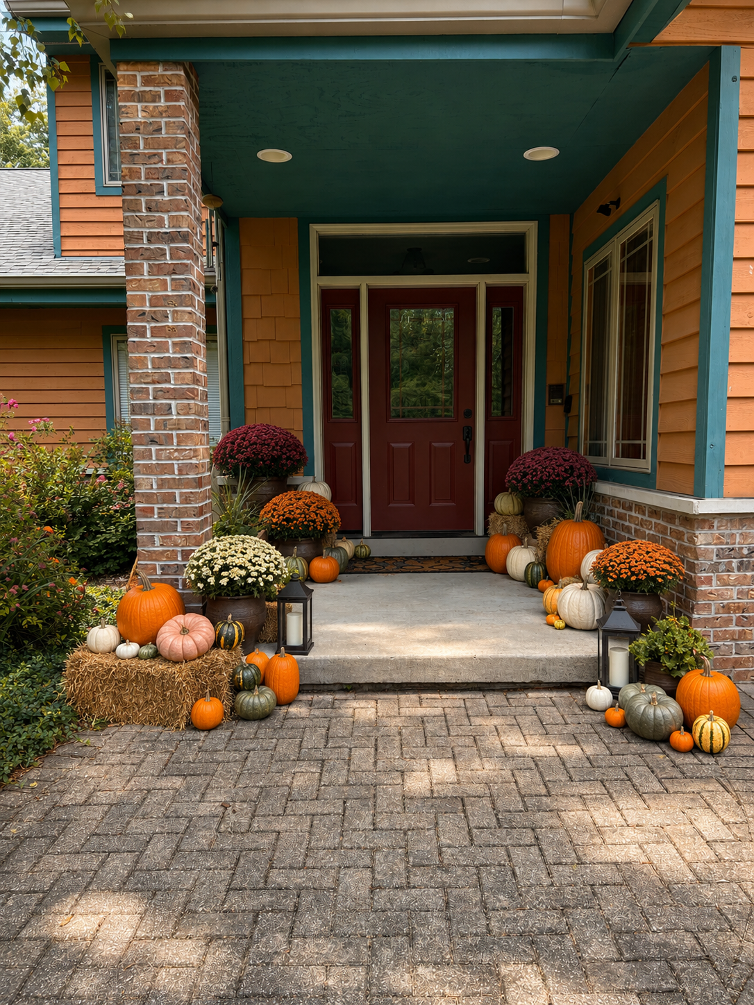 Front porch decorated with pumpkins and potted chrysanthemums for fall, flanked by lanterns and autumn-themed decor.