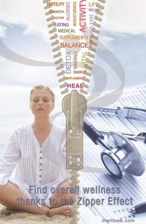 A woman sitting cross-legged in a meditation pose with a barcode zipper opening up to reveal a skeleton and health-related words. Medical instruments and a stethoscope in the background. Text overlay promoting wellness and the zipper effect.