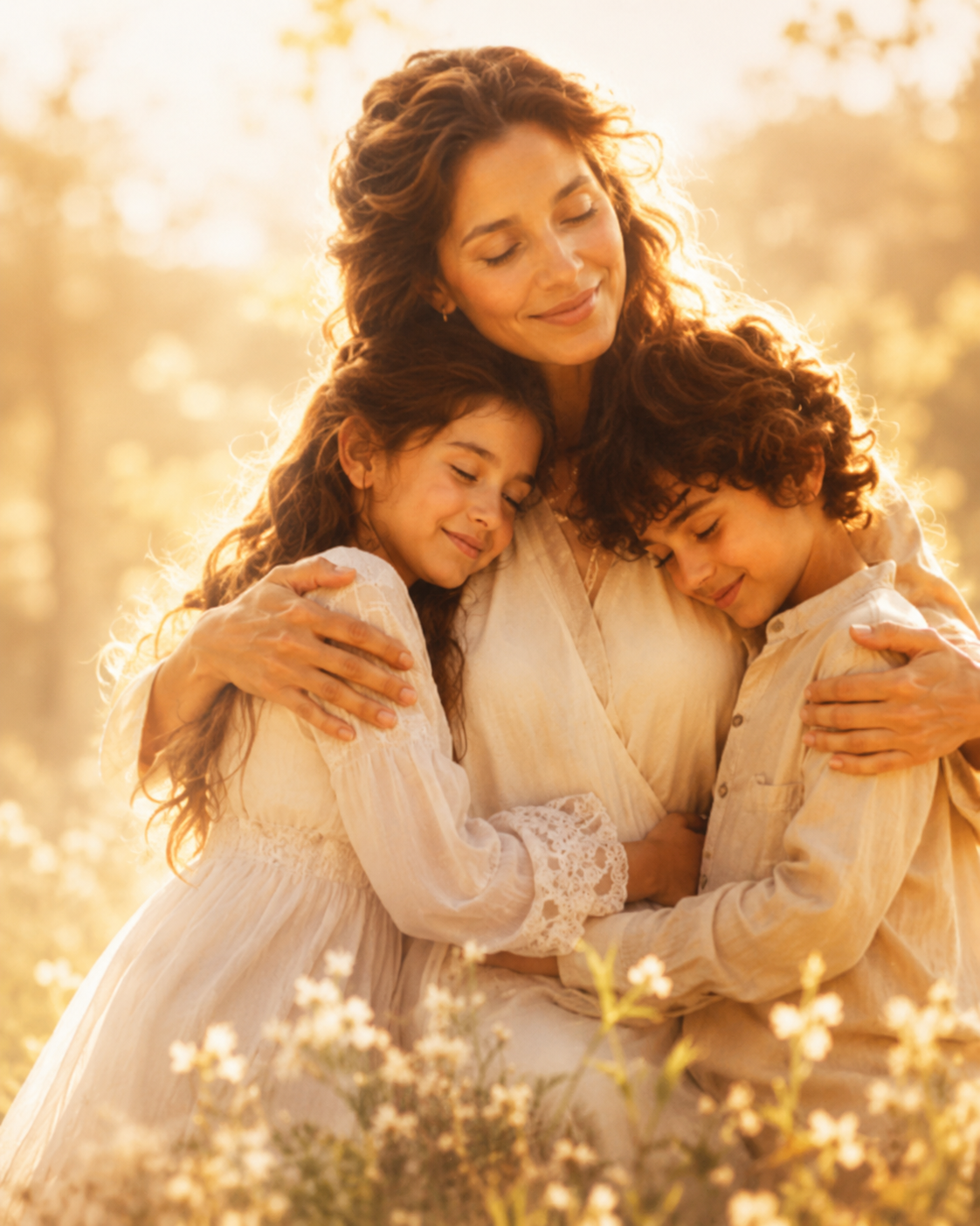 A woman with two children in a warm embrace outdoors during sunset, surrounded by trees and flowers.