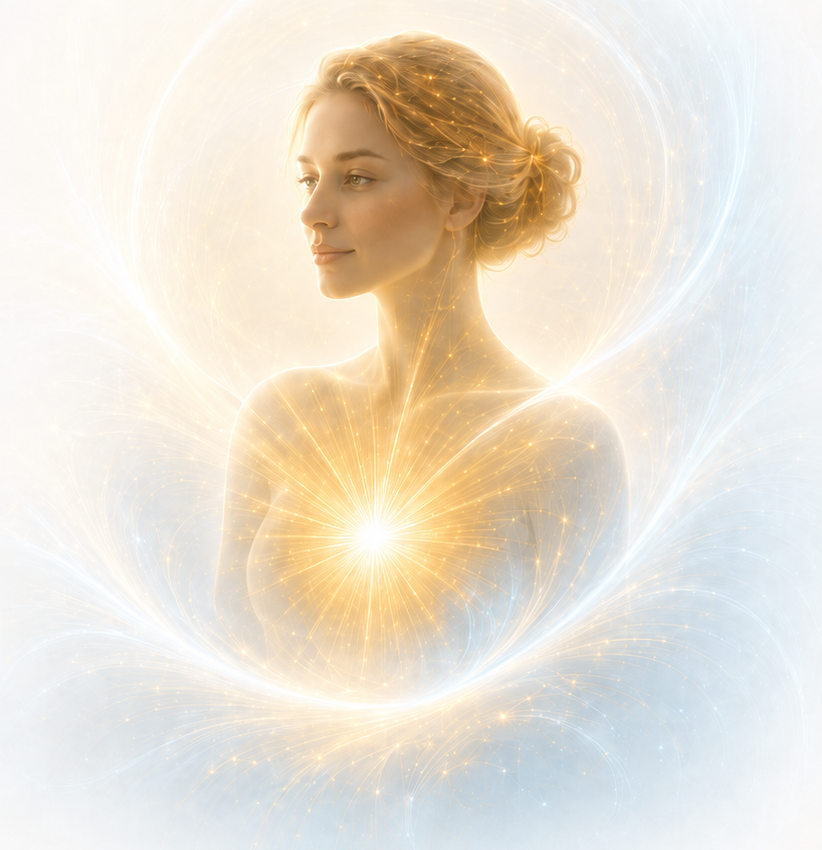 MartineB.com homepage symbolizing Martine Bloquiaux’s extraordinary perception and healing work through a luminous woman with light centered at the heart.