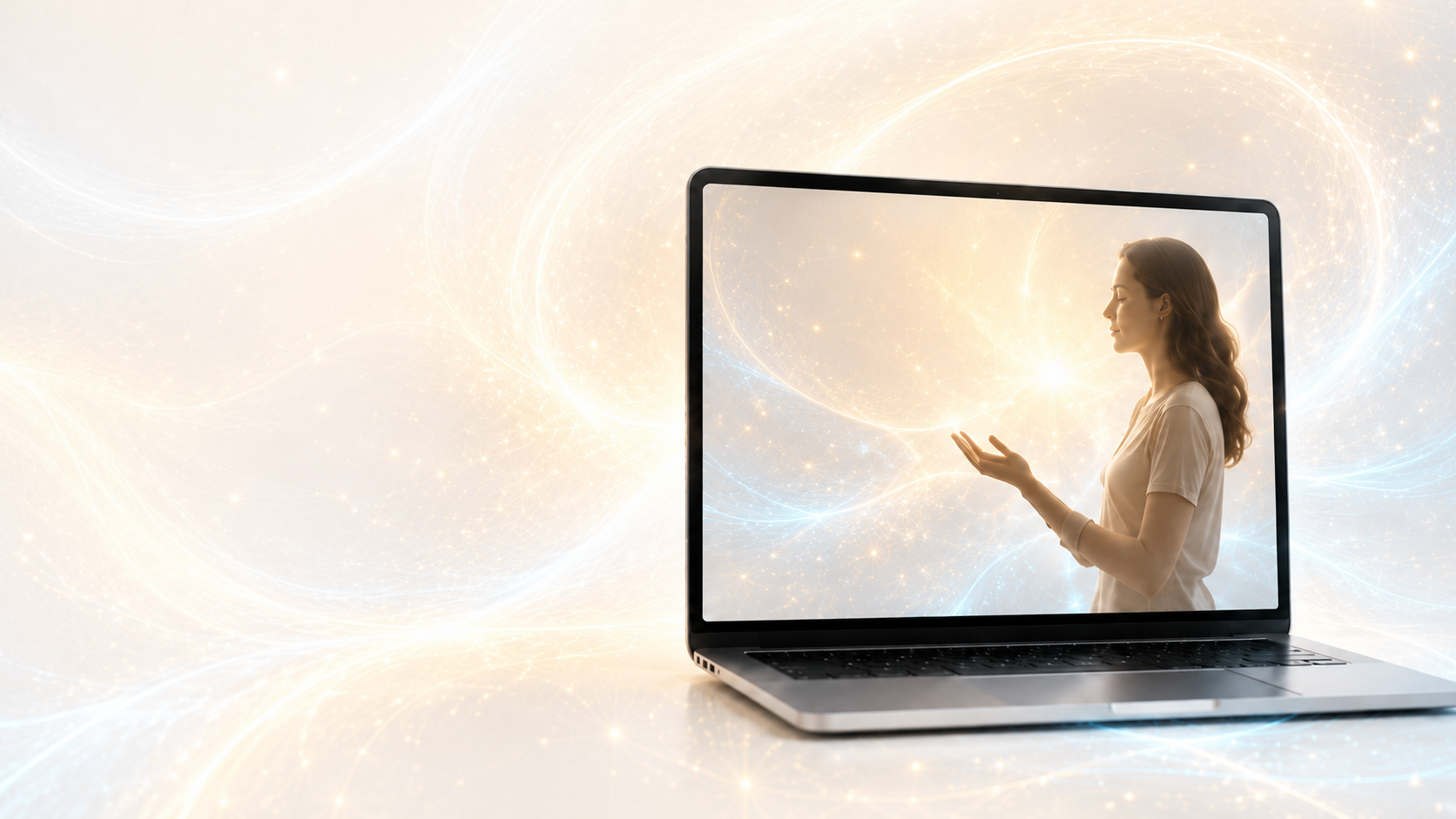 A woman appears to be emerging from a laptop screen, surrounded by glowing digital light patterns and particles, creating a futuristic and innovative scene.