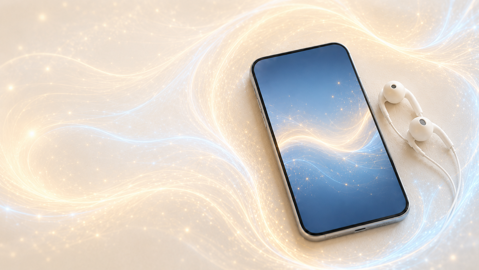A smartphone with a blue sky and clouds on the screen, lying on a surface with white earbuds next to it. Light streaks and sparkles surround the objects, creating a dynamic, energetic background.