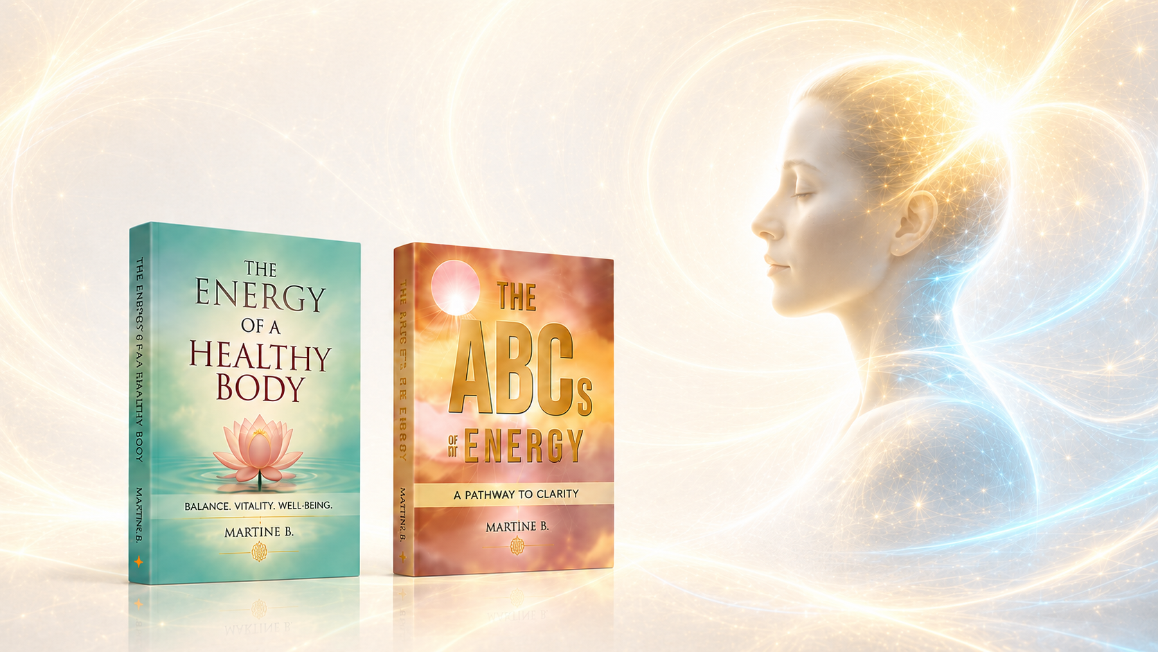 Two books titled "The Energy of a Healthy Body" and "The ABCs of Energy" are placed side by side, with a digitally created female profile with glowing light patterns behind them, suggesting themes of energy and well-being.