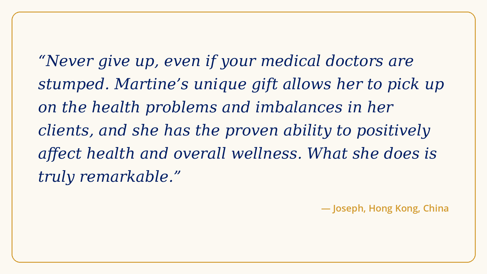 Inspirational quote about perseverance in health and wellness by Joseph from Hong Kong, China, set against a cream background with a thin gold border and dark blue text.