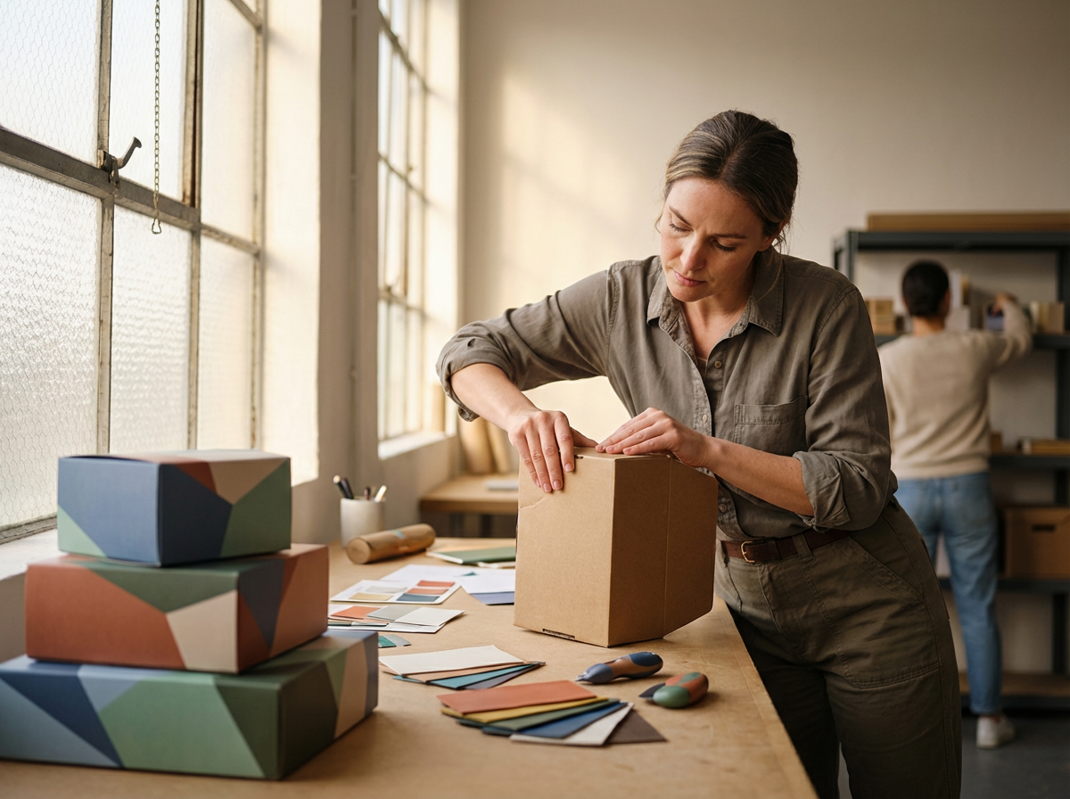 Woman packaging a cardboard box at a workspace with colorful boxes and paper samples, sunlight through large windows.