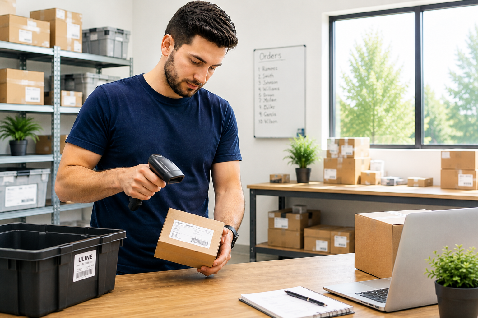 A man in a blue t-shirt is scanning a small cardboard package with a barcode scanner in a warehouse or storage room with shelves filled with boxes, a whiteboard, and a window showing a sunny outdoor scene.
