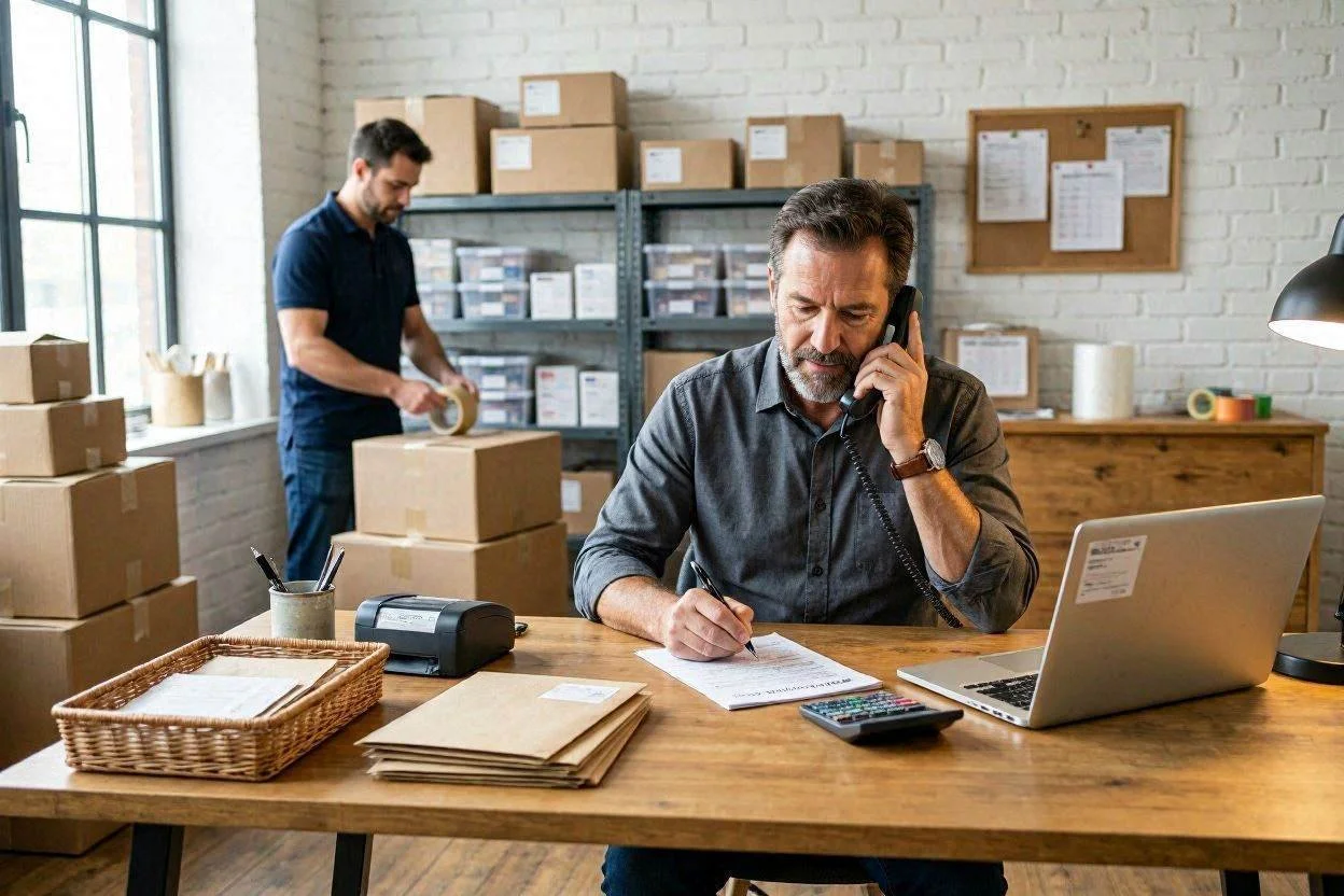 Man working at a desk with a landline phone, laptop, calculator, and paperwork, while another person in the background handles boxes in a warehouse or storage room.