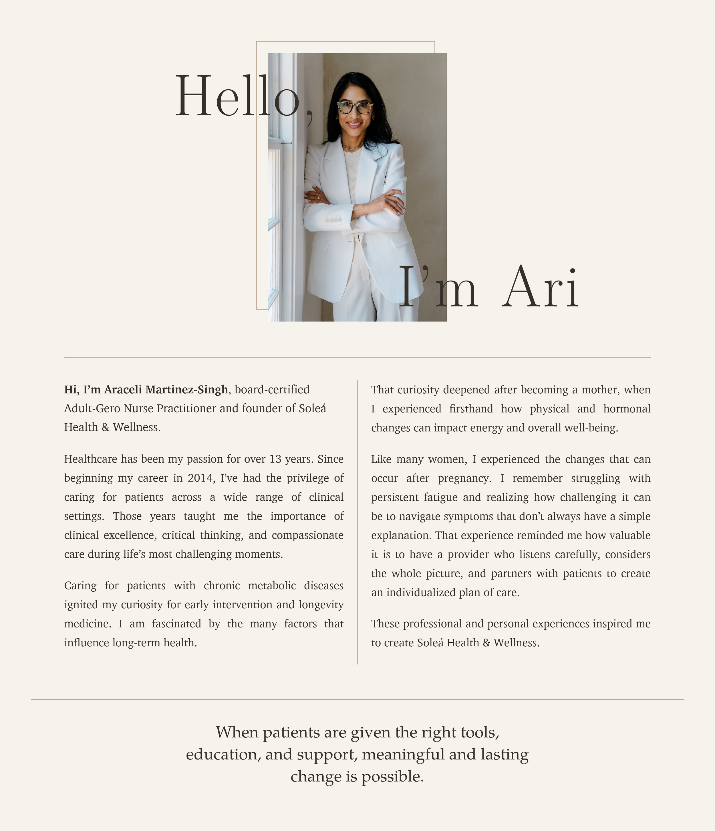 A professional woman with dark hair, glasses, and wearing a white suit is smiling and standing with arms crossed by a window in a well-lit room. The background features a light-colored wall and overlapping text that reads, "Hello, I’m Ari."