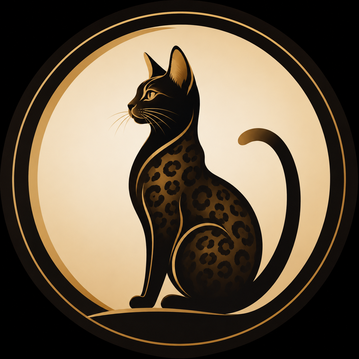 Stylized illustration of a sitting leopard with black and gold fur pattern, inside a circular frame with gradients of black, gold, and cream.