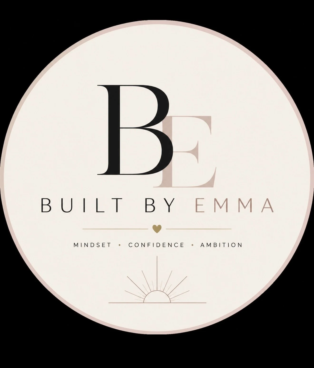 Logo for 'Built By Emma' with the tagline 'Mindset, Confidence, Ambition' and a sun rising illustration.
