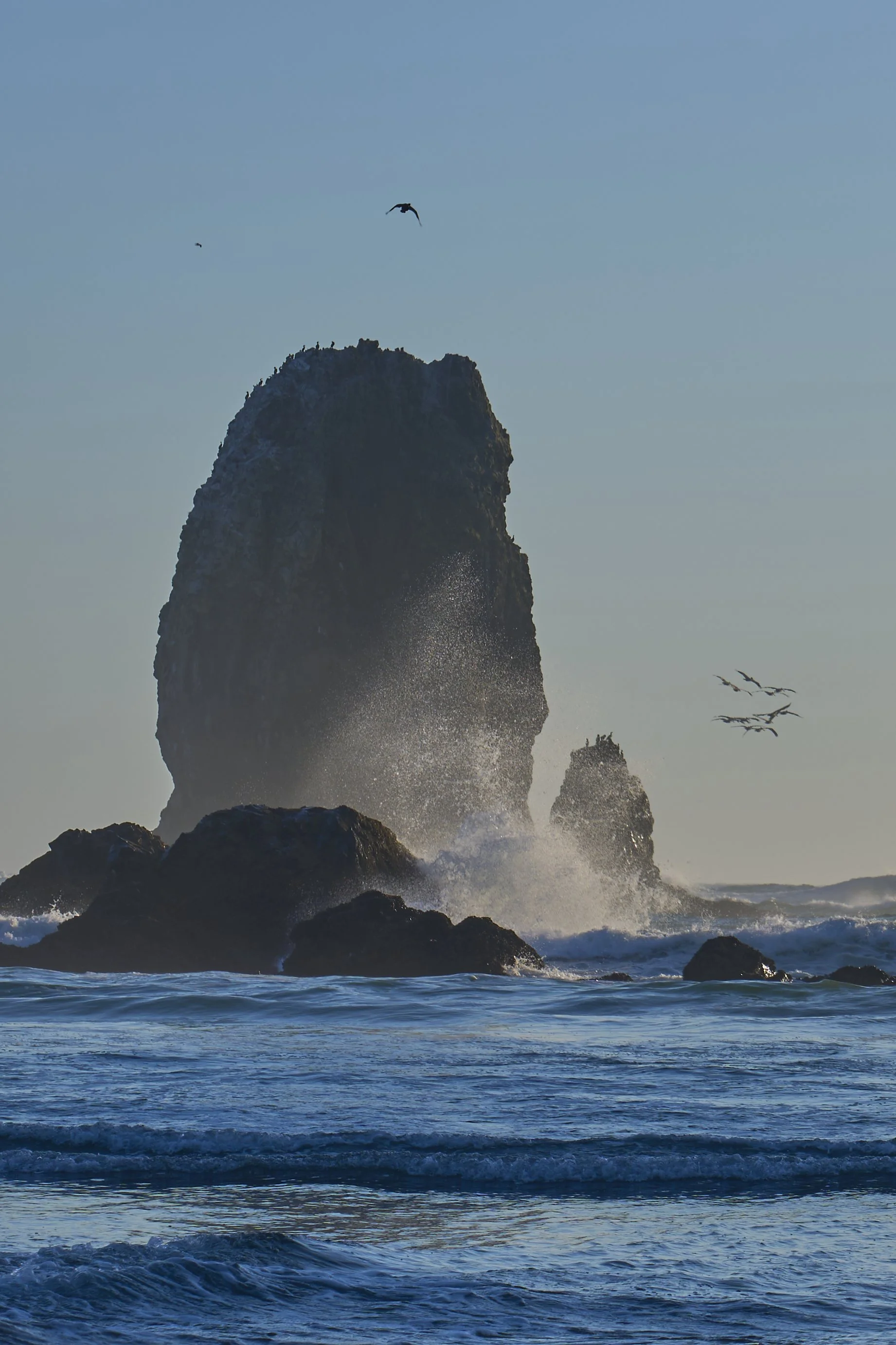 Ocean waves crashing against large rocks with a tall sea stack formation, seagulls flying in the sky.